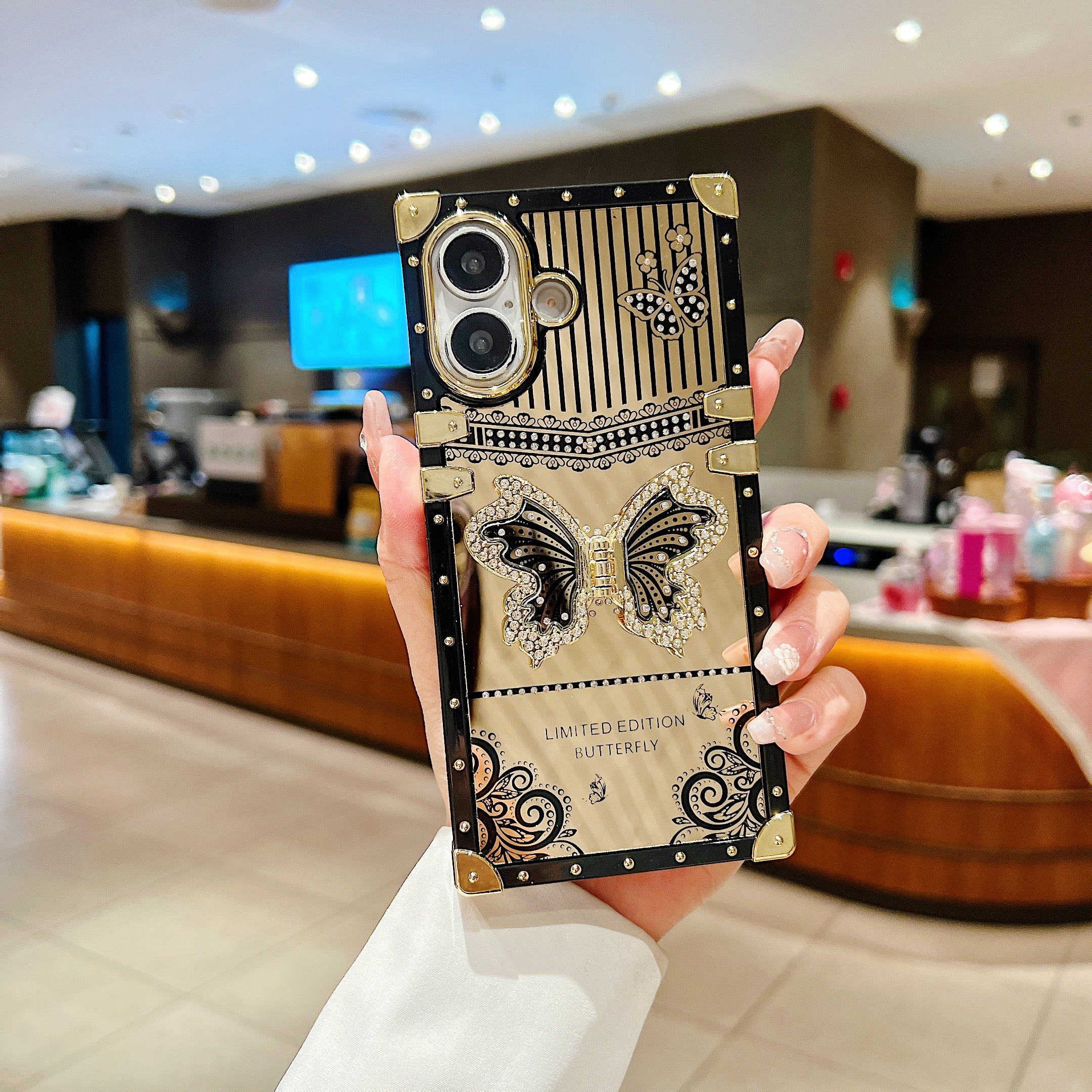 LuxuryKase Premium Shockproof Designer Case | Bling Butterfly Mirror Finish | Metallic Corners & Elegant Studded Frame | Stylish Protective Cover For iPhone & Samsung Series - Image 14