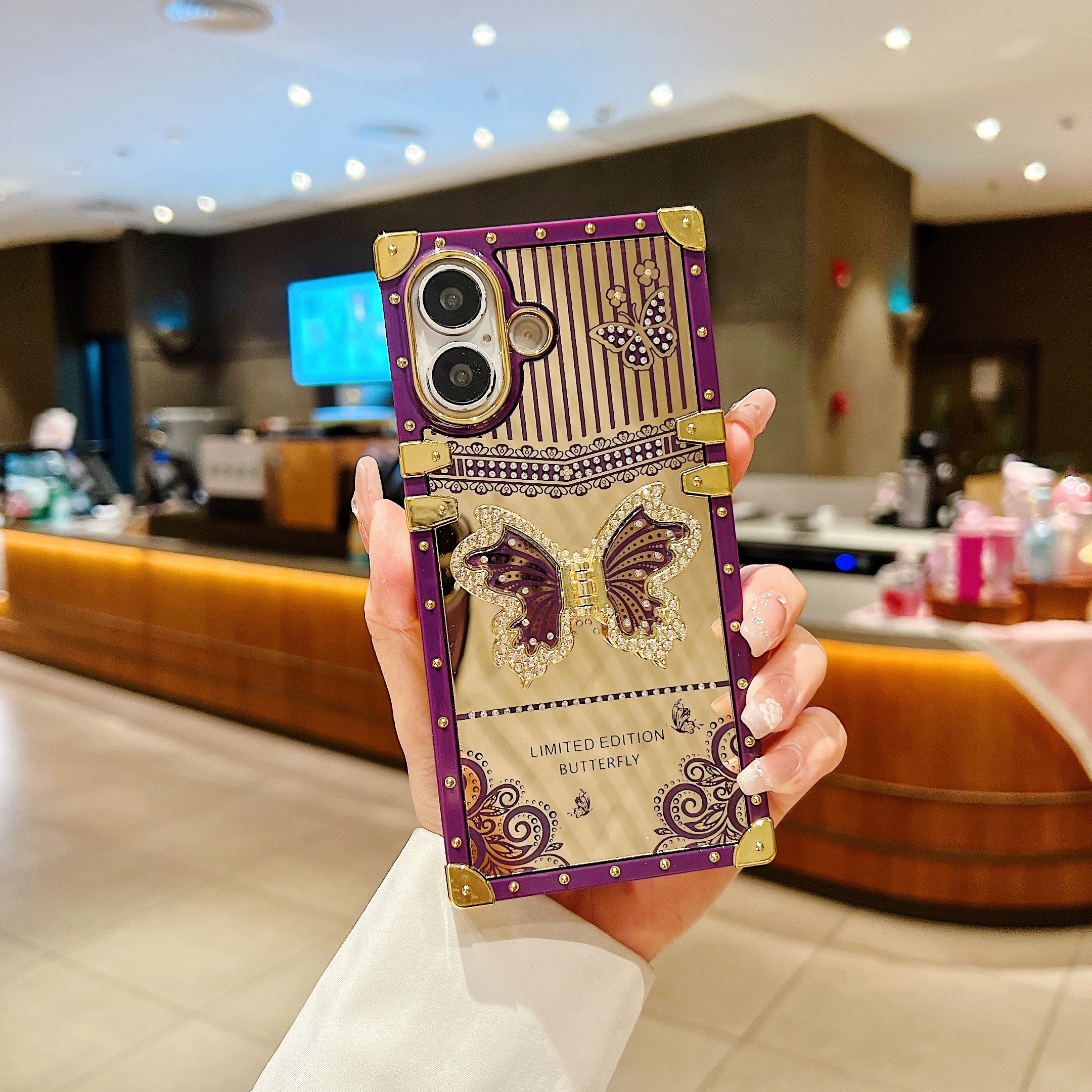 LuxuryKase Premium Shockproof Designer Case | Bling Butterfly Mirror Finish | Metallic Corners & Elegant Studded Frame | Stylish Protective Cover For iPhone & Samsung Series - Image 17