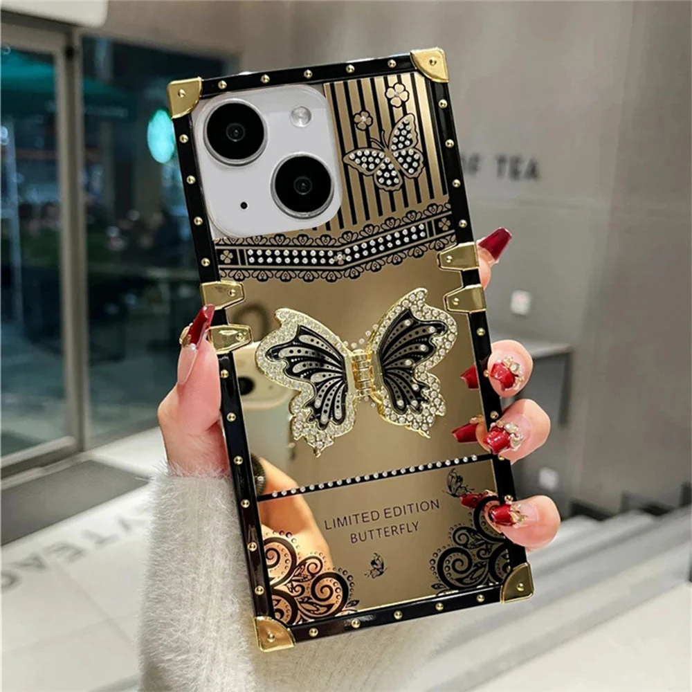 LuxuryKase Premium Shockproof Designer Case | Bling Butterfly Mirror Finish | Metallic Corners & Elegant Studded Frame | Stylish Protective Cover For iPhone & Samsung Series - Image 2