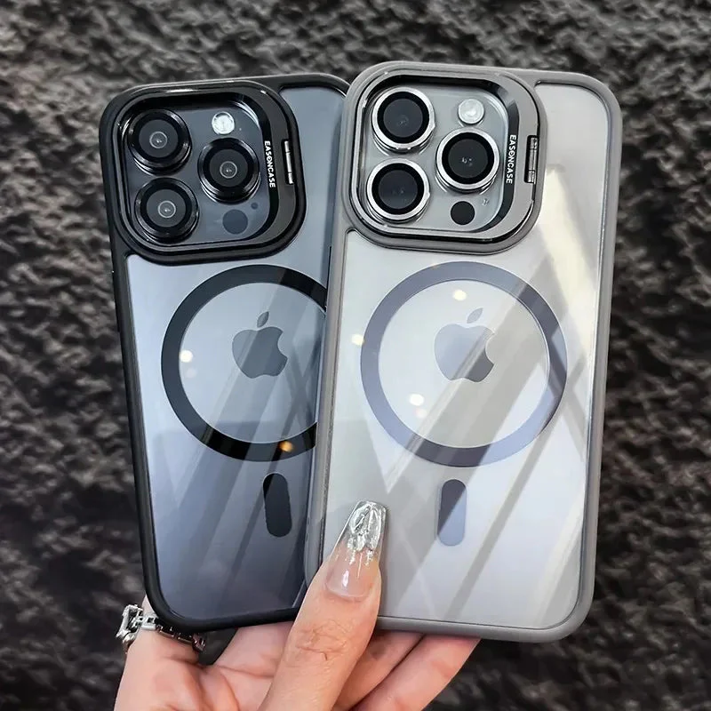 LuxuryKase Mag-Safe Clear Case | Shockproof Transparent Cover with Camera Lens Protection | Metal Ring Stand & Wireless Charging Support For iPhone & Samsung Series