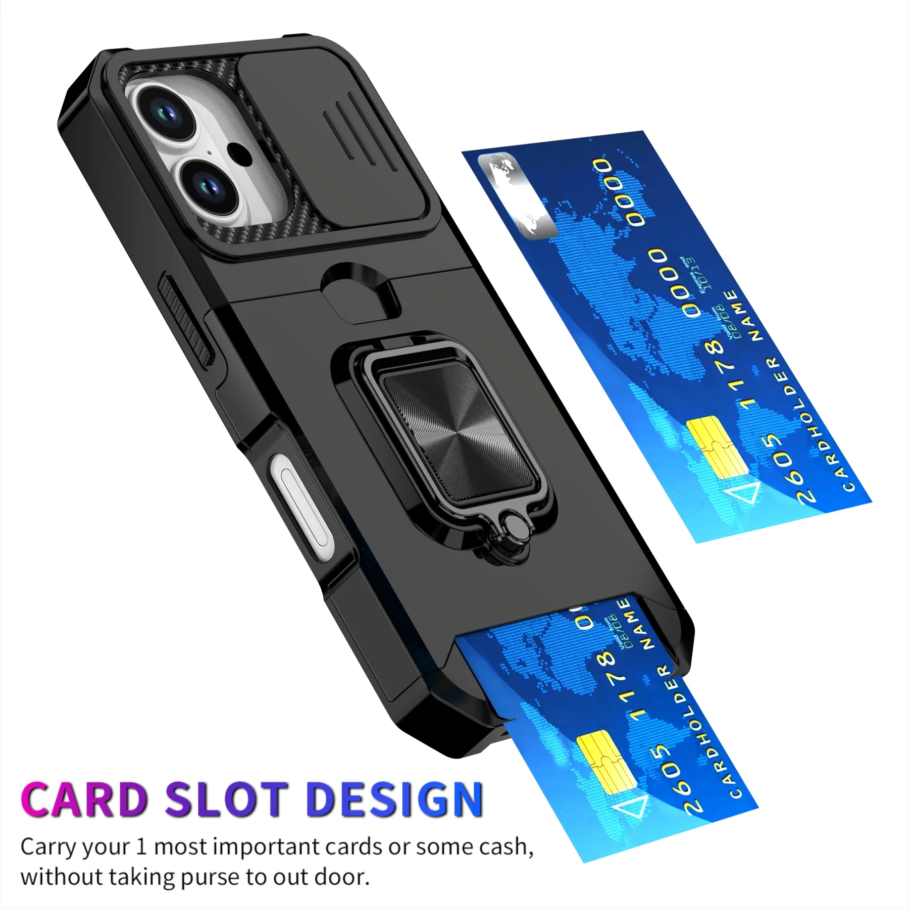 LuxuryKase Shockproof Armor Case | Slide Camera Cover | Hidden Card Slot | Rotating Ring Kickstand | Magnetic Car Mount Support | Military Grade Protection For iPhone & Samsung - Image 4