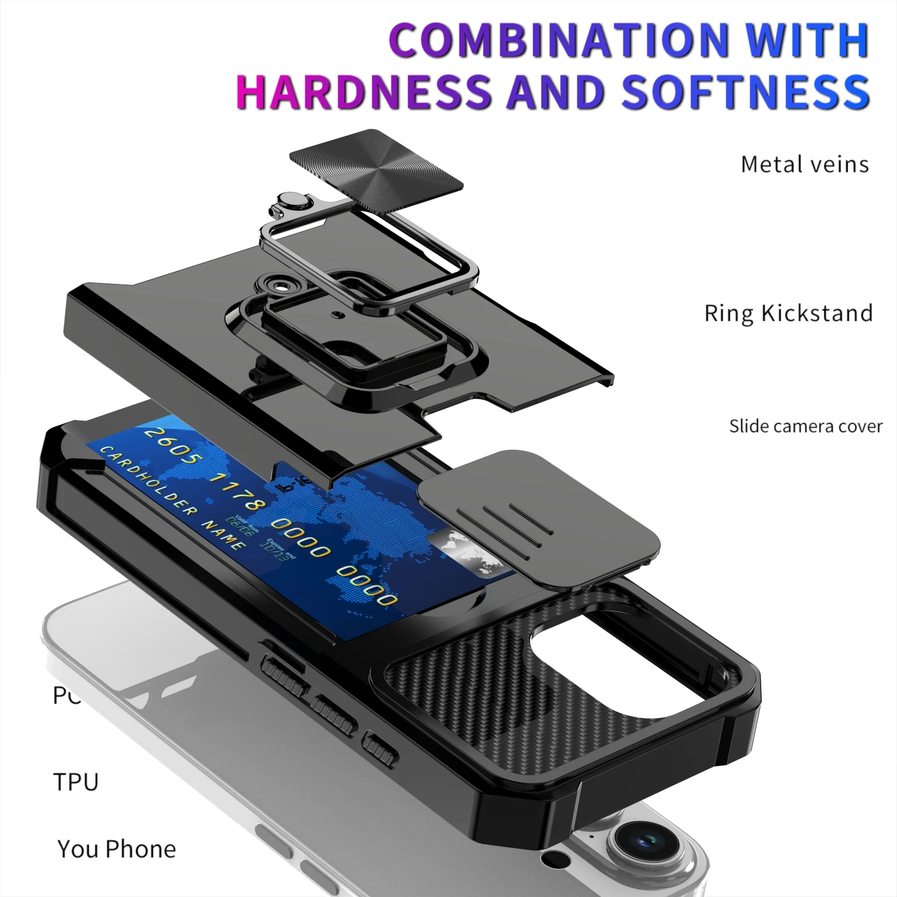 LuxuryKase Shockproof Armor Case | Slide Camera Cover | Hidden Card Slot | Rotating Ring Kickstand | Magnetic Car Mount Support | Military Grade Protection For iPhone & Samsung - Image 5