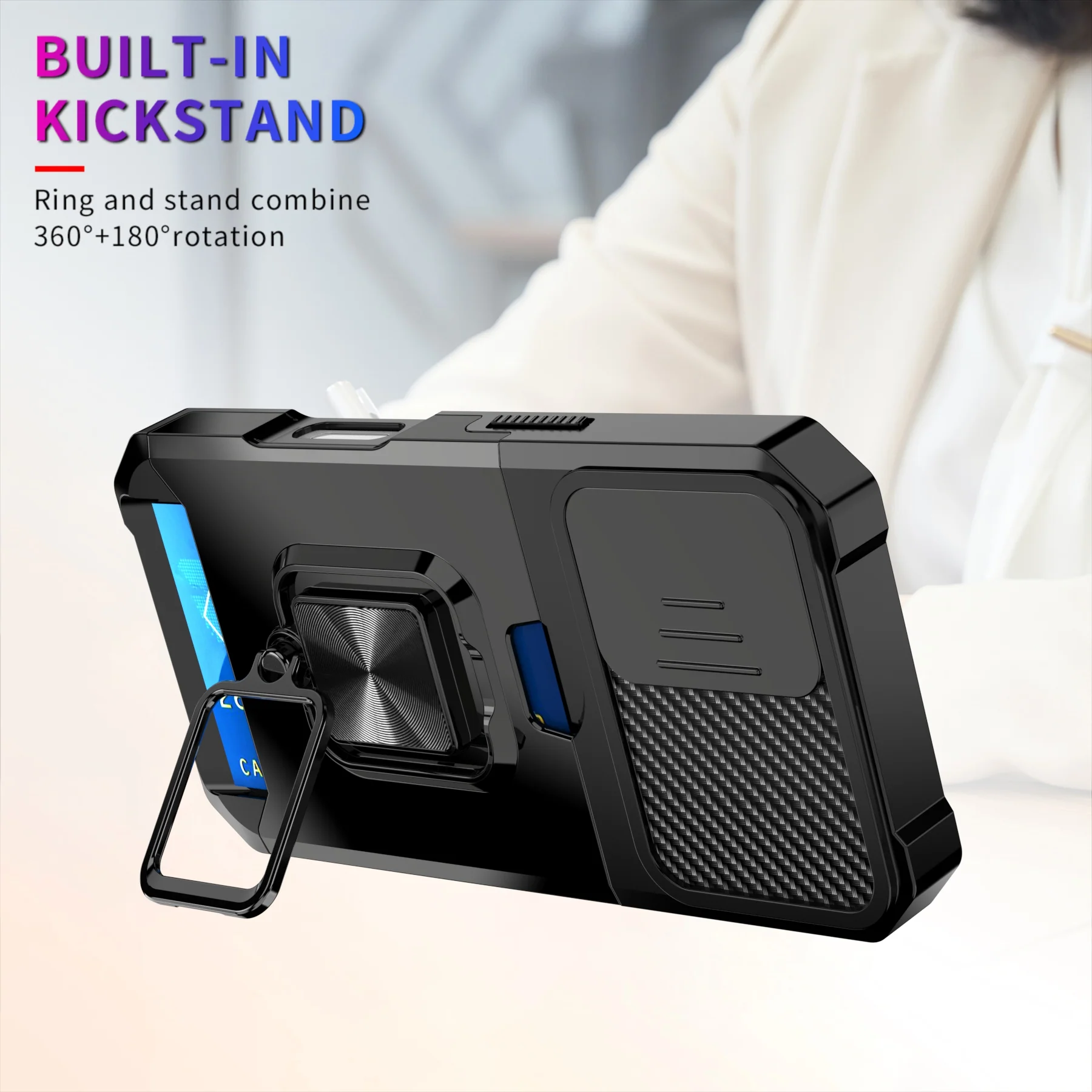 LuxuryKase Shockproof Armor Case | Slide Camera Cover | Hidden Card Slot | Rotating Ring Kickstand | Magnetic Car Mount Support | Military Grade Protection For iPhone & Samsung - Image 6