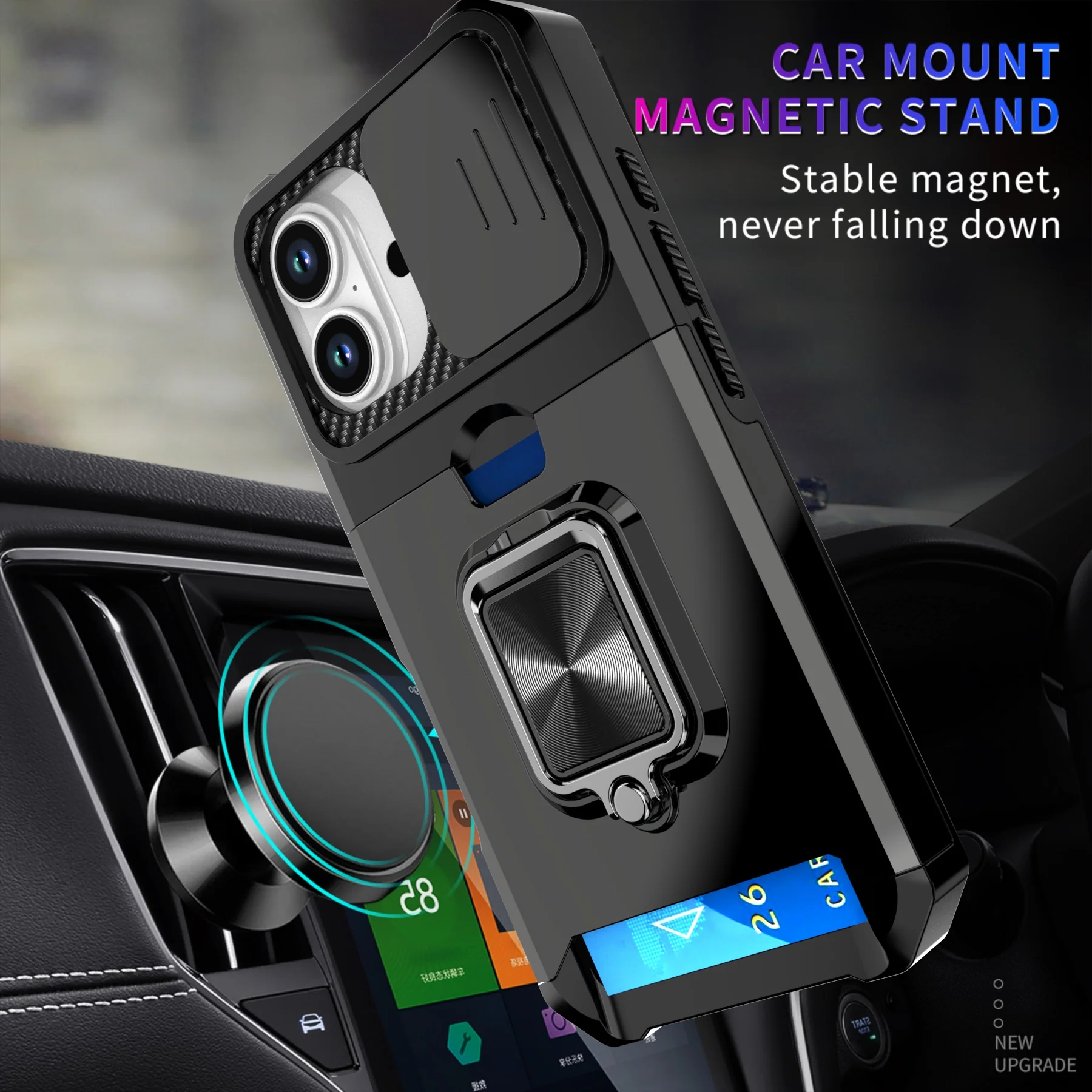 LuxuryKase Shockproof Armor Case | Slide Camera Cover | Hidden Card Slot | Rotating Ring Kickstand | Magnetic Car Mount Support | Military Grade Protection For iPhone & Samsung - Image 7