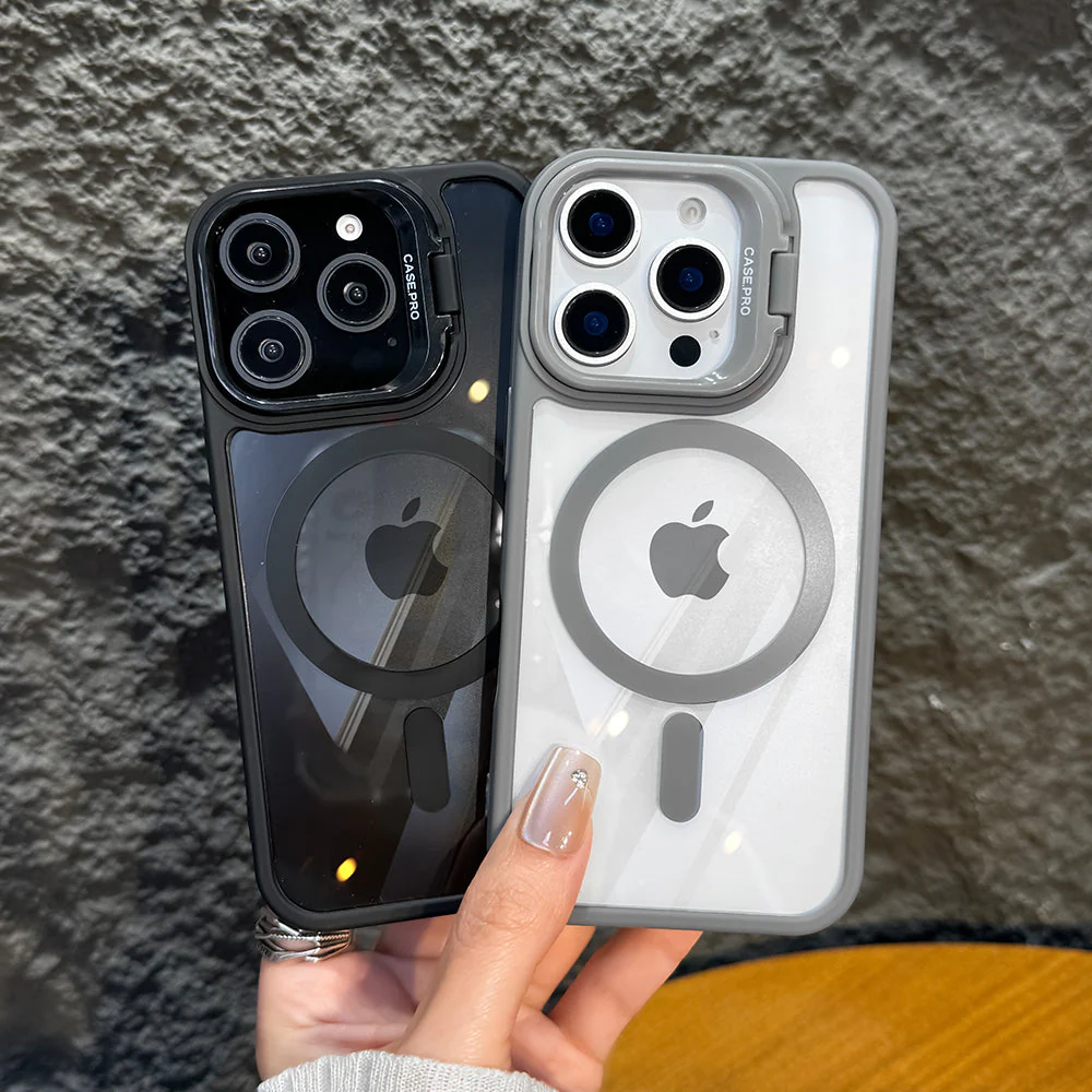 LuxuryKase Mag-Safe Shockproof Case with Rotating Camera Stand | Drop Protection | Transparent Hard Back Cover with Wireless Charging For iPhone 16 Series
