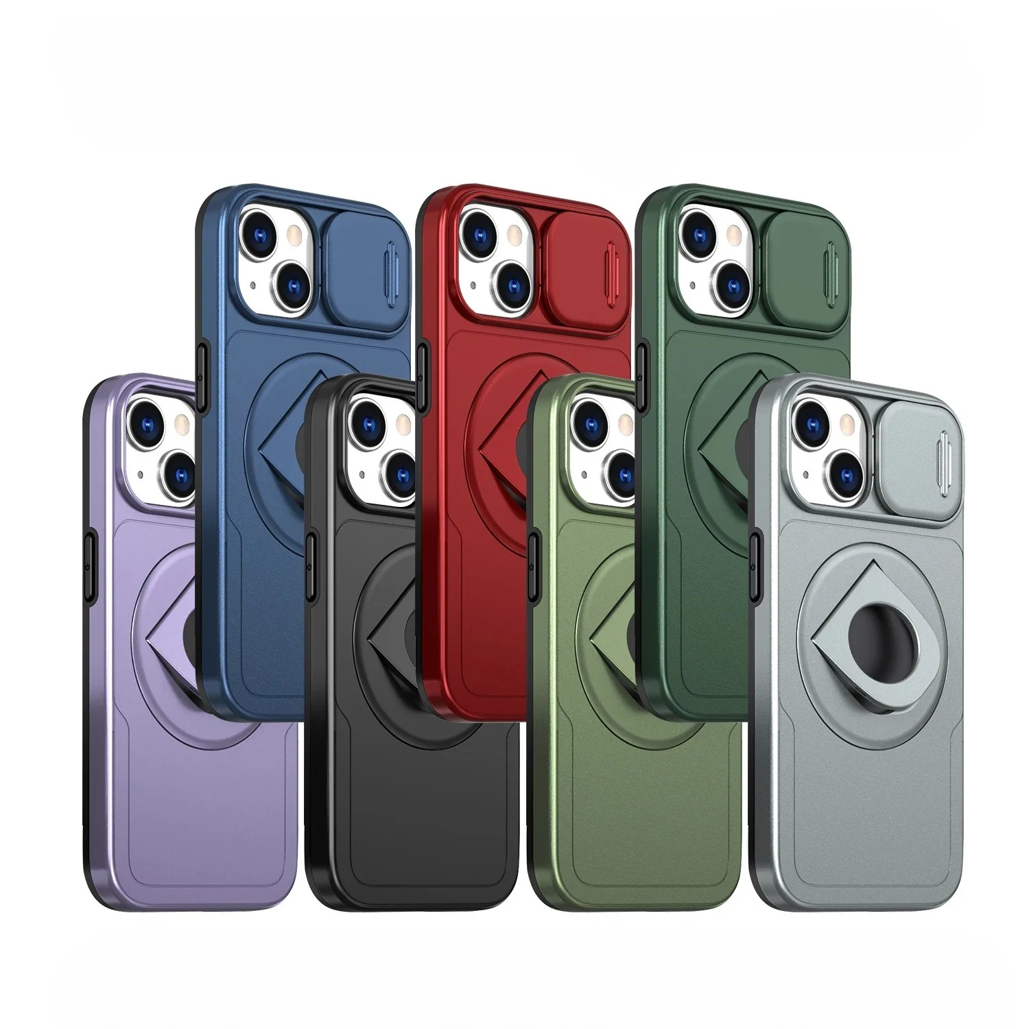 LuxuryKase Mag-Safe Shockproof Rugged Back Case with Finger Ring Kickstand & Sliding Camera Cover | Military Drop Protection | Wireless Charging Support For iPhone Series