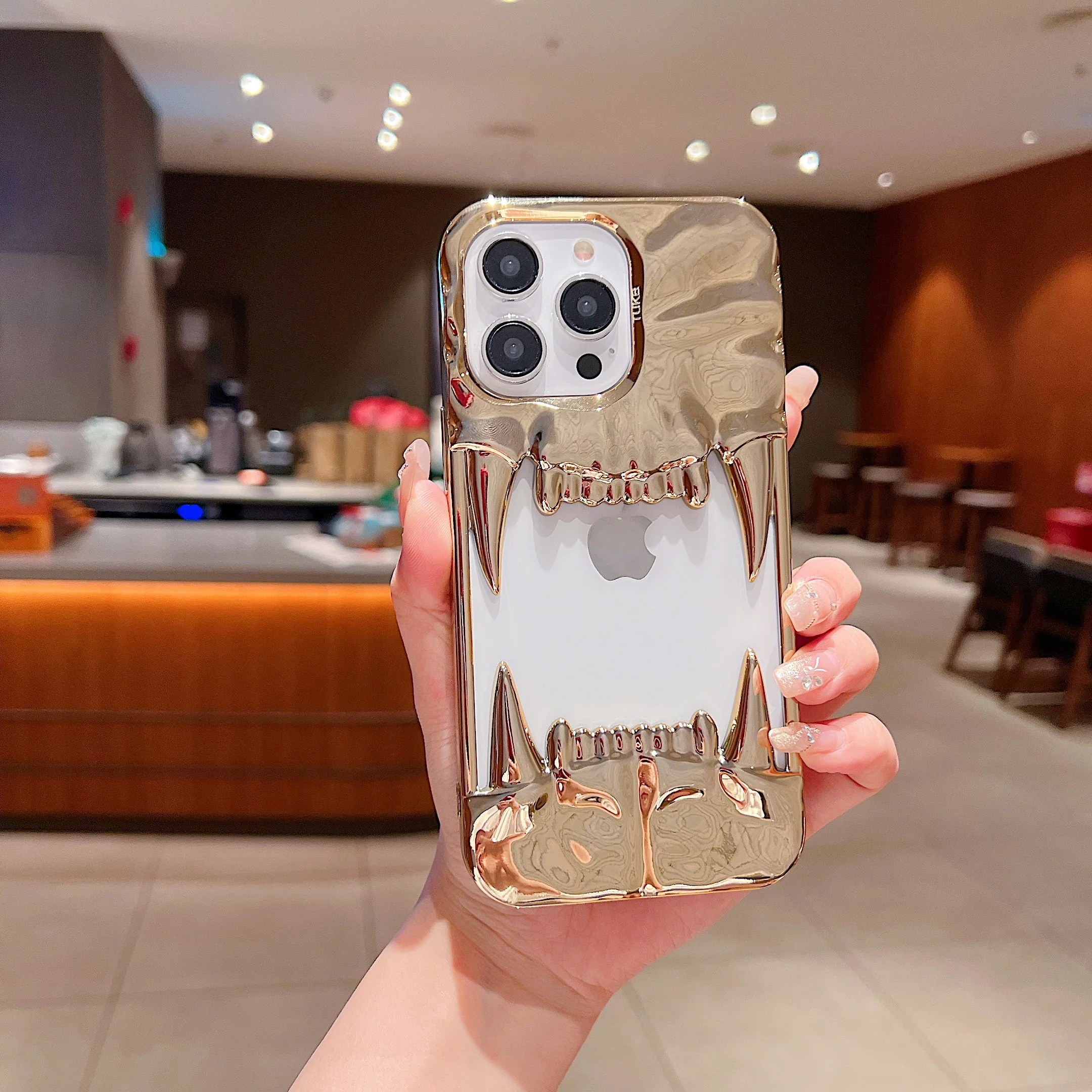 US LITE Shockproof Designer Metallic Chrome 3D Fangs Back Case | Anti-Scratch Grip | Full Camera Protection and Stylish Look For iPhone 14, 15 & 16 Series - Image 7